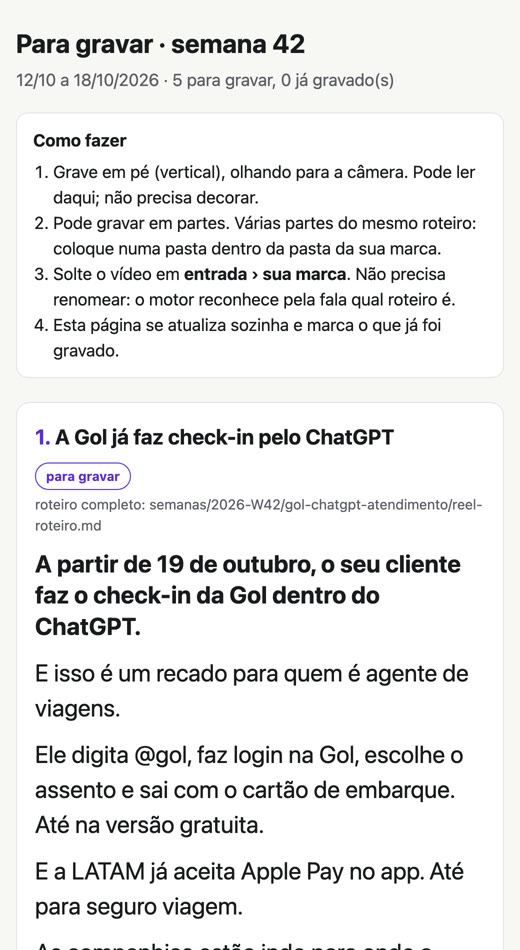 Página Para gravar da semana 42, com os roteiros em letra grande